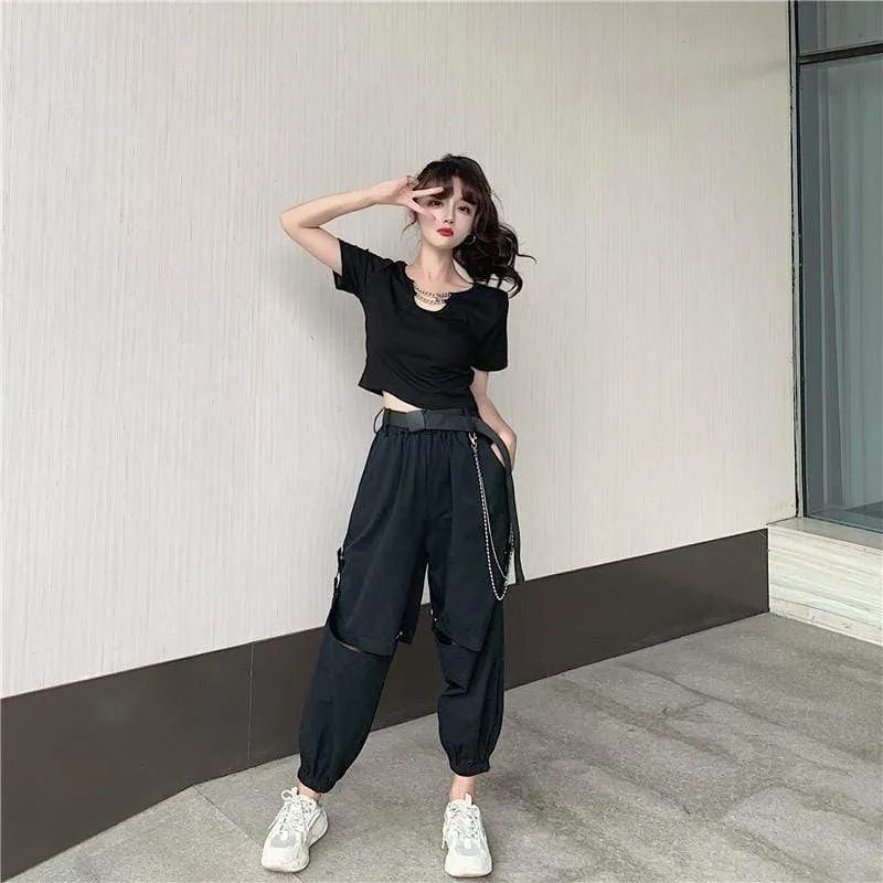 Women's Casual Black Pants With Detachable Chain