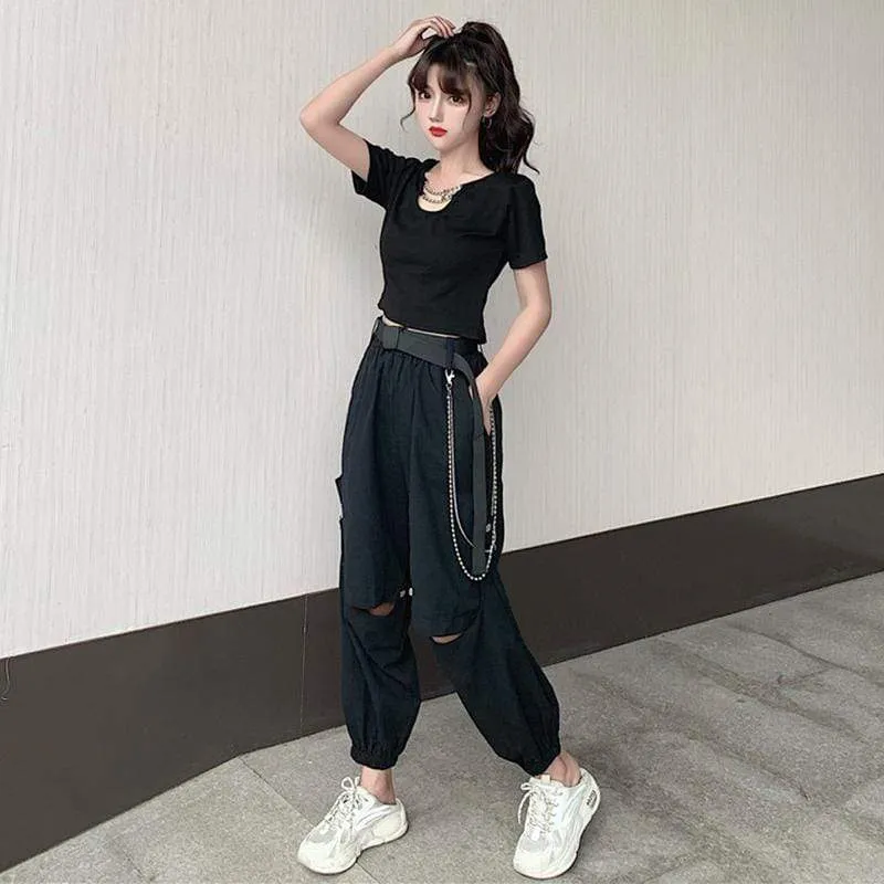 Women's Casual Black Pants With Detachable Chain