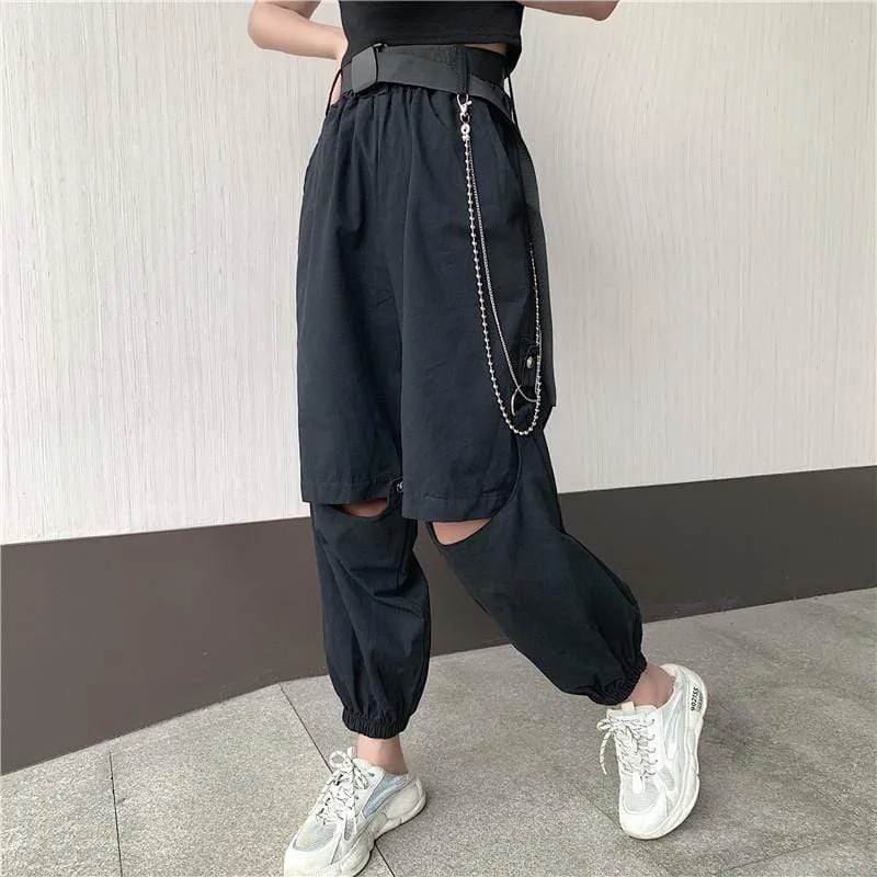 Women's Casual Black Pants With Detachable Chain