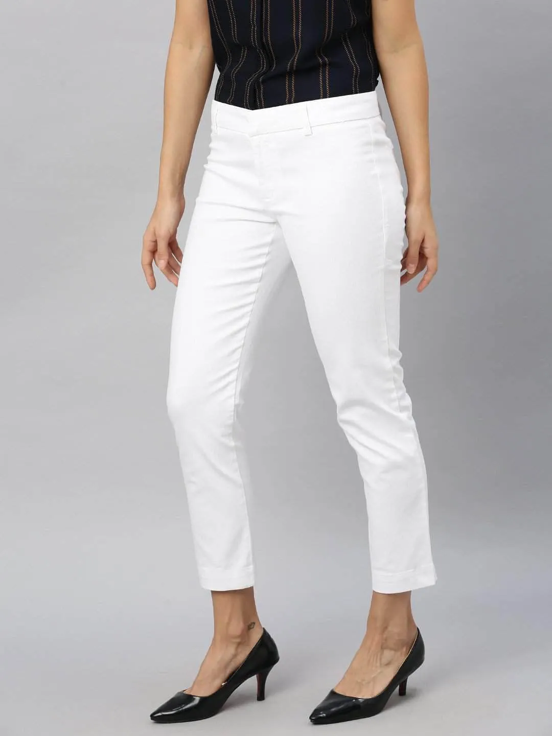 Women's Cotton Lycra White Regular Fit Pant