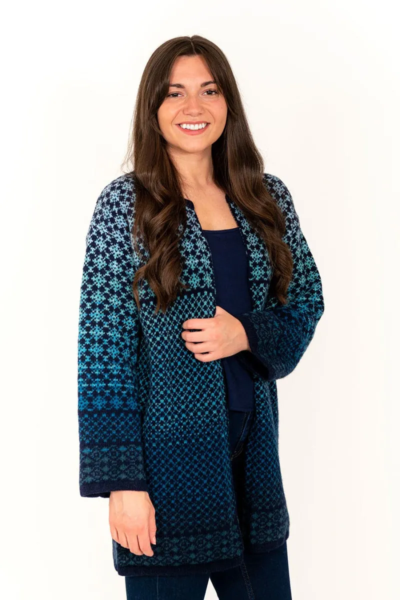 Womens Fair isle Long Kimono Cardigan / Coatigan - Blue Aqua