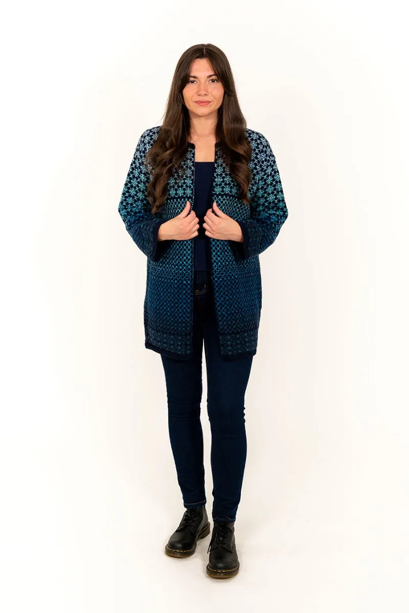 Womens Fair isle Long Kimono Cardigan / Coatigan - Blue Aqua